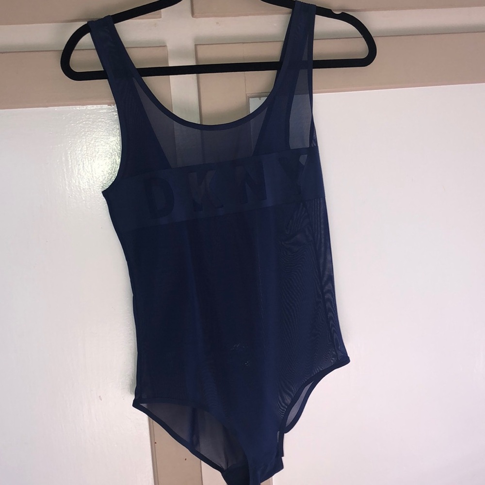NWOT see-though blue DKNY bodysuit with low back